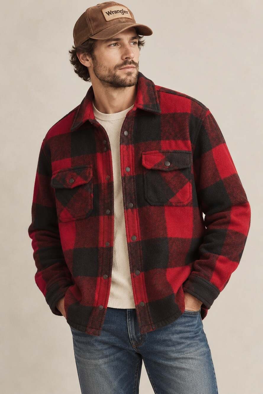 Wrangler Vintage Red Black Buffalo Plaid Fleece Shirt Jacket Shacket